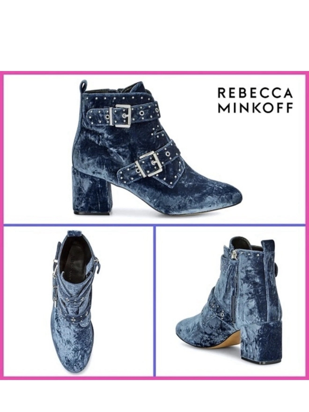 Rebecca Minkoff Navy Blue Velvet Studded Buckle Ankle Boots